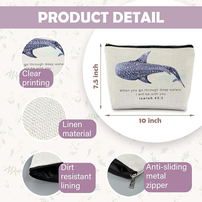 Whale Shark Christian Makeup Bag Pouch, Christian Shark Gifts for Women, Bible Verse Gifts Isaiah 43:2, When you go through deep waters I will be with you