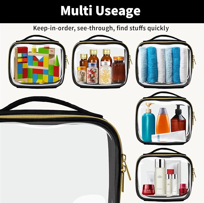 TSA Approved Travel Toiletry Bag,3 Pack Clear Makeup Bags with Handles,Quart Size Clear Cosmetic Bags for Traveling Women,Men,Carry on Airport Airline Compliant Bag,Black