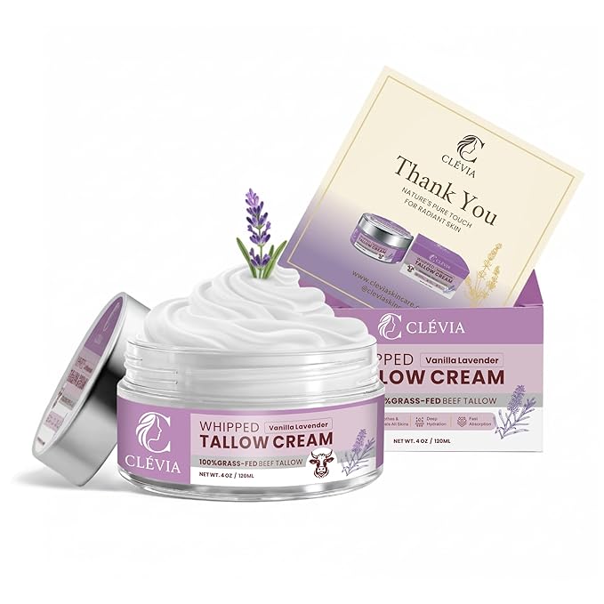 Beef Tallow Moisturizer with Organic Jojoba Oil 4 oz - Whipped Tallow Anti-Wrinkle Cream - Grass Fed Tallow Cream for Face & Body - Hydrating Moisturizer for Dry & Sensitive Skin | Vanilla Lavender