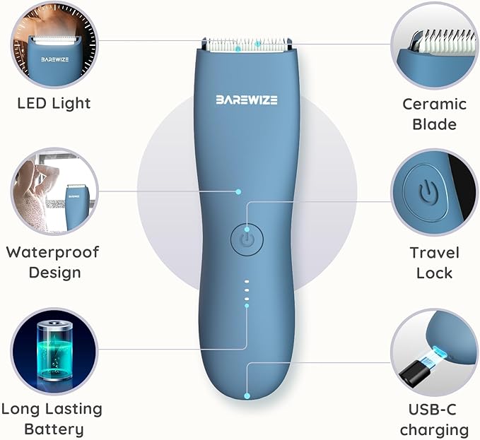 Body Hair & Pubic Hair Trimmer for Men & Women, Painless Electric Body & Bikini Shaver | Waterproof, Type-C Rechargeable, LED Light, Replaceable Blade, Manscape Personal Groomer (Sea Blue)