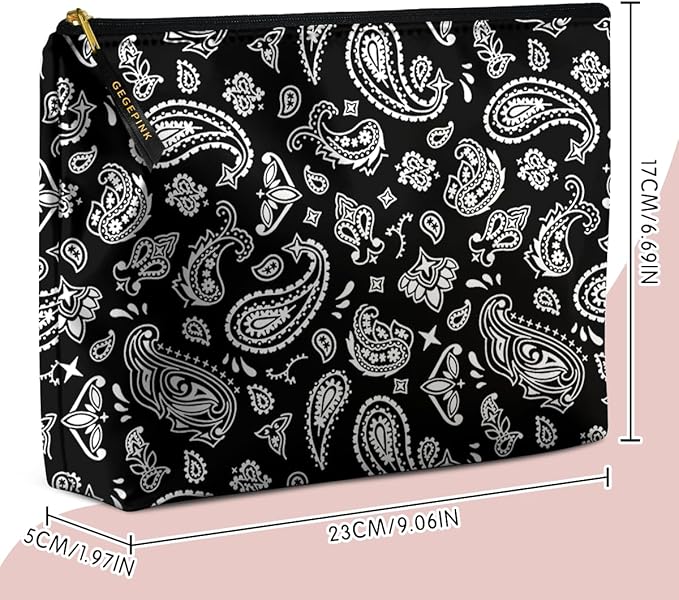 Cute Makeup Bag for Purse Waterproof Cosmetic Bags for Women Funny Smooth Zipper Travel Toiletry Pouch 10X8 Inches-Paisley Floral-Black Makeup pouch