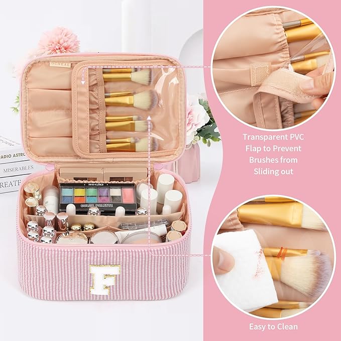 OCHEAL Makeup Bag for Women, Monogram Cosmetic Bag with Brush Holder, Pink Travel Makeup Case Beauty Toiletry Bag Organizer Personalized Gifts for Girls Bridesmaid, Sister, Wife, Friends Initial F