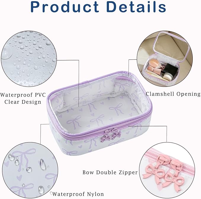 Cute Clear Makeup Bag with Bow Pattern,Transparent Nylon Travel Cosmetic Case with Zipper,Portable Makeup Organizer Pouch for Essentials(03Purple)