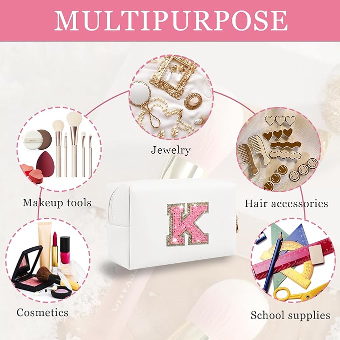 Initial Letter Patch Makeup Bag, Small Preppy A-Z Glitter Cosmetic Bag, PU Leather Waterproof Travel Toiletry Bag,Cute Make Up Pouch Personalized Monogrammed Gift for Women Teen Girls(Letter K)