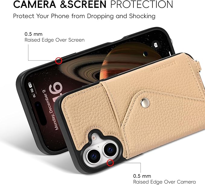 LUCKYCOIN Crossbody Wallet Phone Case for iPhone 17,100% Genuine Leather Wallet Phone Case with Expandable Flip Card Holder,Phone Purse for Women with Adjustable Removable Strap - Pebble Beige