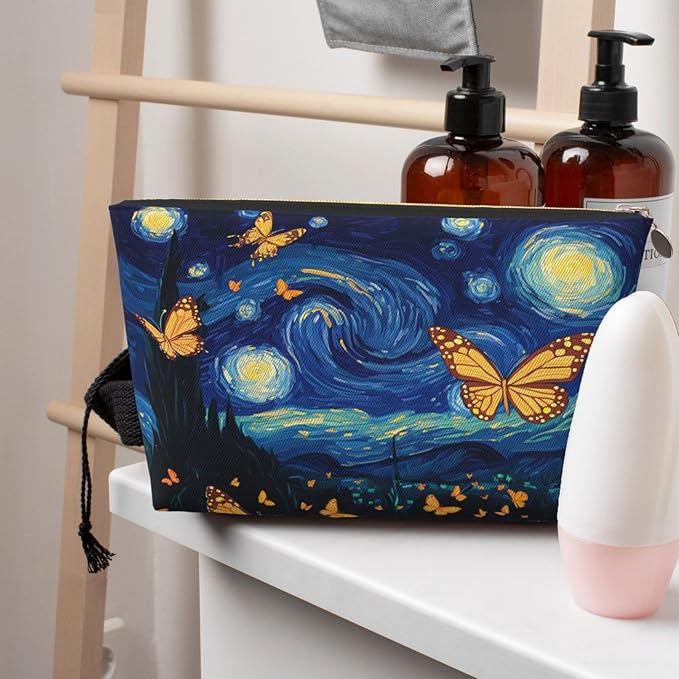 Womens Leather Makeup Bag Cosmetic Bag Travel Toiletry Bags Make Up Bags for Women Adult (Starry_Night_Butterflies)