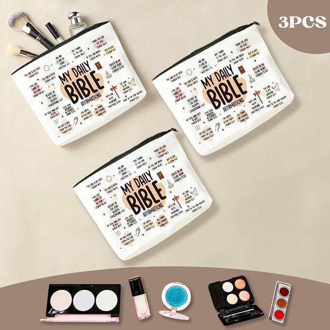 3 Pcs Inspirational Christian Gifts for Women: Bible Verse Scripture Makeup Bag Cosmetic Bag for Girl Daughter Bestie Friendship Gifts - Thanksgiving, Christmas, Graduation, Birthday