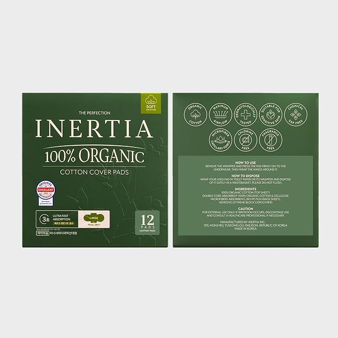 INERTIA The Perfection Green – 100% Organic Cotton Korean Pads with Wings | Heavy Absorbency | Ultra Fast Absorption & Breathable Bio-Film, Leak-Proof & Hypoallergenic Period Pads for Women (12 Count)
