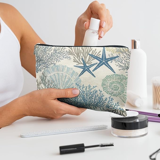 Ocean Starfish Coral Seashell Beach Makeup Bag, Marine Life Sea Animals Cosmetic Bags for Women, Beach Vacation Gifts, Ocean Themed Gifts