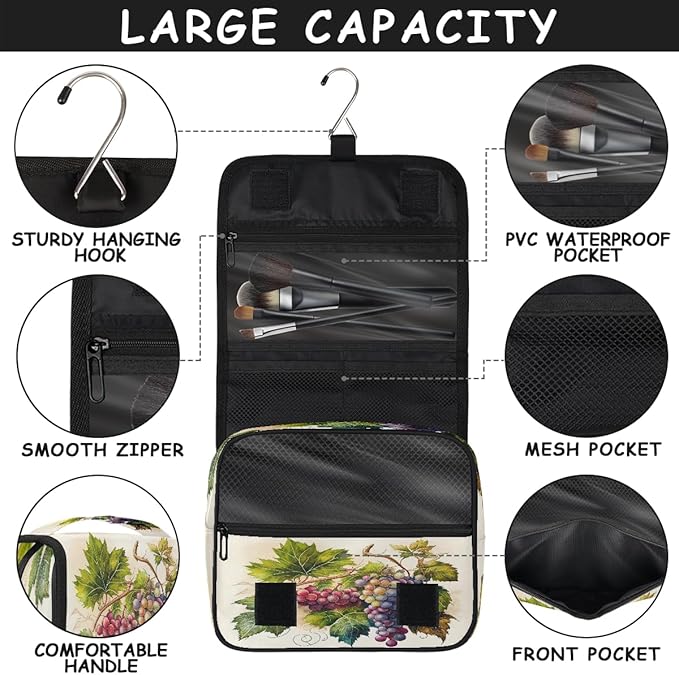 Travel Toiletry Bag for Women & Men Colorful Fruit Grapes Hanging Cosmetic Organizer Portable Waterproof Makeup Case Make Up Bag with Compartments Travel Essentials for Bathroom Shower