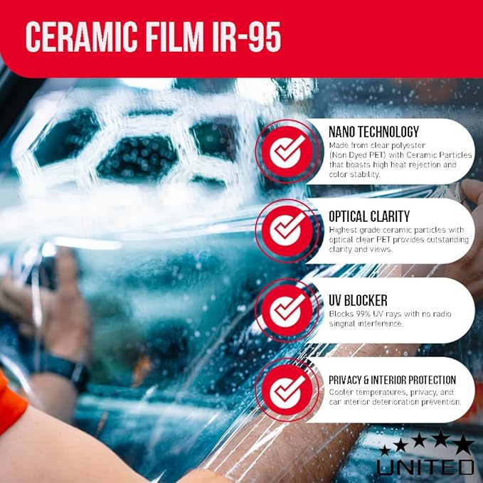 United Ceramic Pro Window Tint Car 40In x100Ft 2Ply Nano Ceramic IR-95 with 50% VLT - Outstanding Clarity & Views Window Tint for Car Home Blocks UV/IR Rays, Adhesive Film W/Lifetime Color Stability