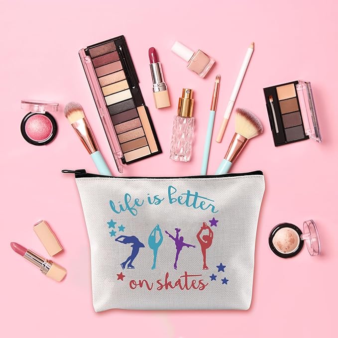 Ice Skate Cosmetic Bag Figure Skating Makeup Bag - Ideal Gift for Skate Lovers - Life Is Better On Skates Makeup Pouch Large Capacity Canvas Travel Bags