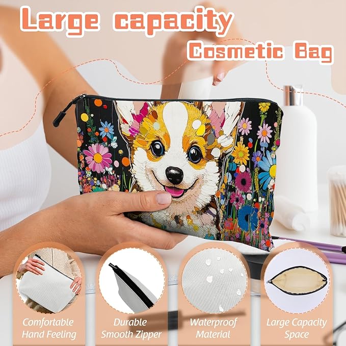 Cosmetic Bags Travel Makeup Toilet Case Waterproof Pouch for Women Girls 6.7X9.45inches - Cute Corgi Surrounded By Brightly Colored Flowers