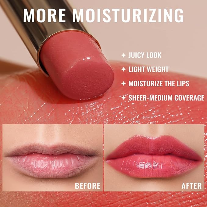Oulac Coral Peach Red Lipstick for Women - Moisturizing Lip Stick Red, Glossy Tinted Lip Balm, Sheer Shine Juicy Finish, Lightweight and Hydrating Formula for Dry Lip Care, Vegan 2.2g/0.07oz (04)