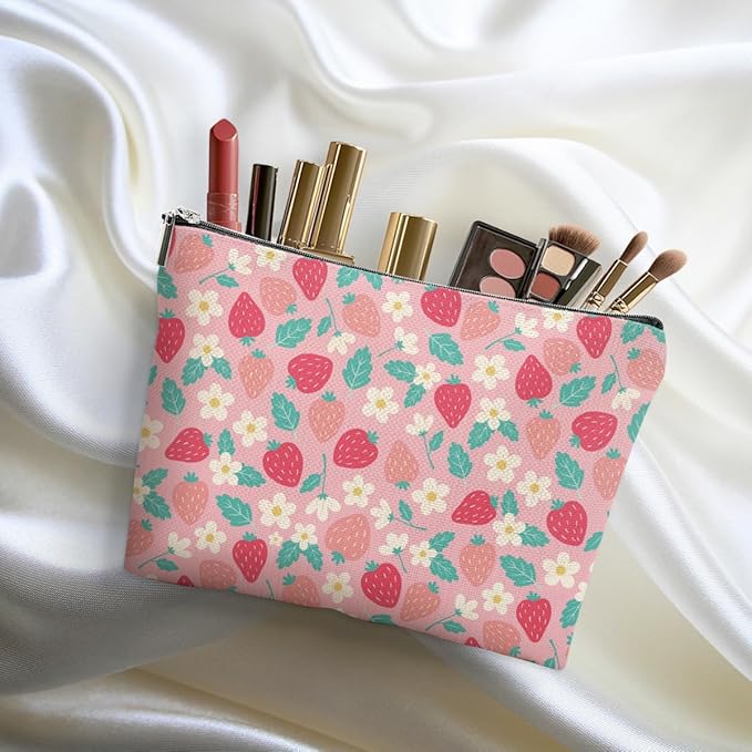 Cute Flowers Strawberry Makeup Bag Floral Cosmetic Bag Friend Friendship Gifts for Women Girls Sister Bestie Coworker Botanical Travel Organizer Zipper Pouch Christmas Thanksgiving Birthday Gifts