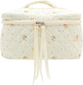 PAZIMIIK Quilted Makeup Bag Large Travel Zipper Soft Cosmetic Case for Women Girls Make Up,Floral White