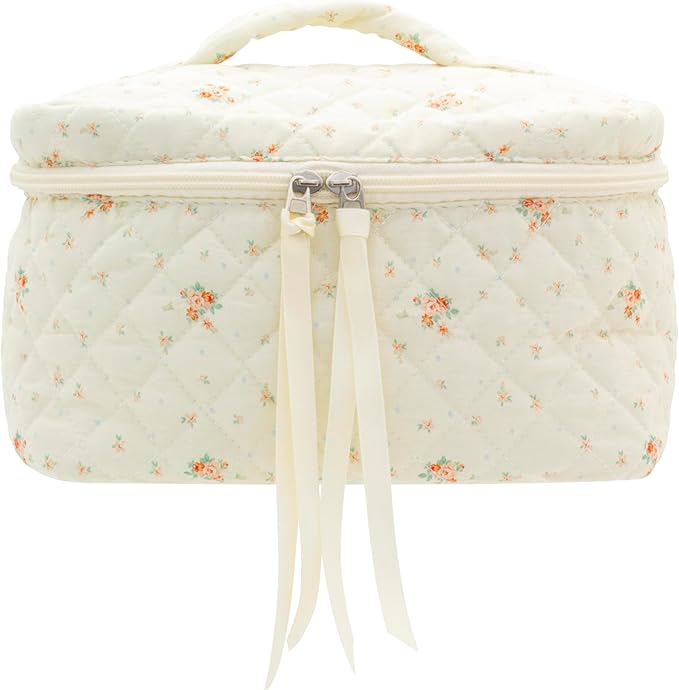 PAZIMIIK Quilted Makeup Bag Large Travel Zipper Soft Cosmetic Case for Women Girls Make Up,Floral White