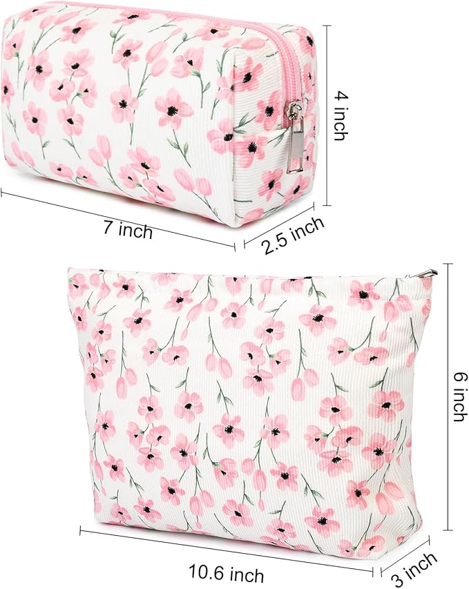 SOIDRAM 2 Pieces Flower Makeup Bag Large Floral Cosmetic Bag Capacity Canvas Mix Travel Toiletry Bag Organizer Cute Makeup Brushes Aesthetic Accessories Storage Bag for Women, Flower Mix Pink