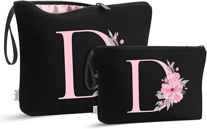 Vavabox A-Z Personalized Makeup Bag, Birthday Gifts for Women Mom, Gifts for Best Friend, Bride Bridesmaid Cosmetic bag (D, 04-Black Set)