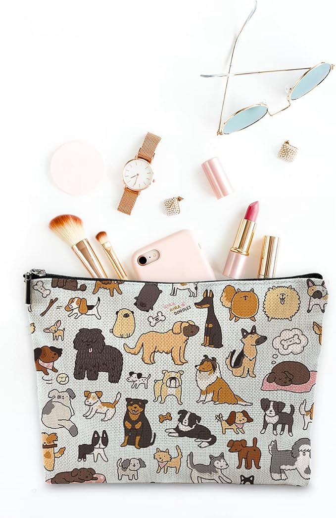 Sufamb Cute Dogs Doodle Art Makeup Bag, Funny Puppy Dog Pattern Cosmetic Pouch for Women Girls, Christmas Birthday Gifts for Dog Lovers Women Girls