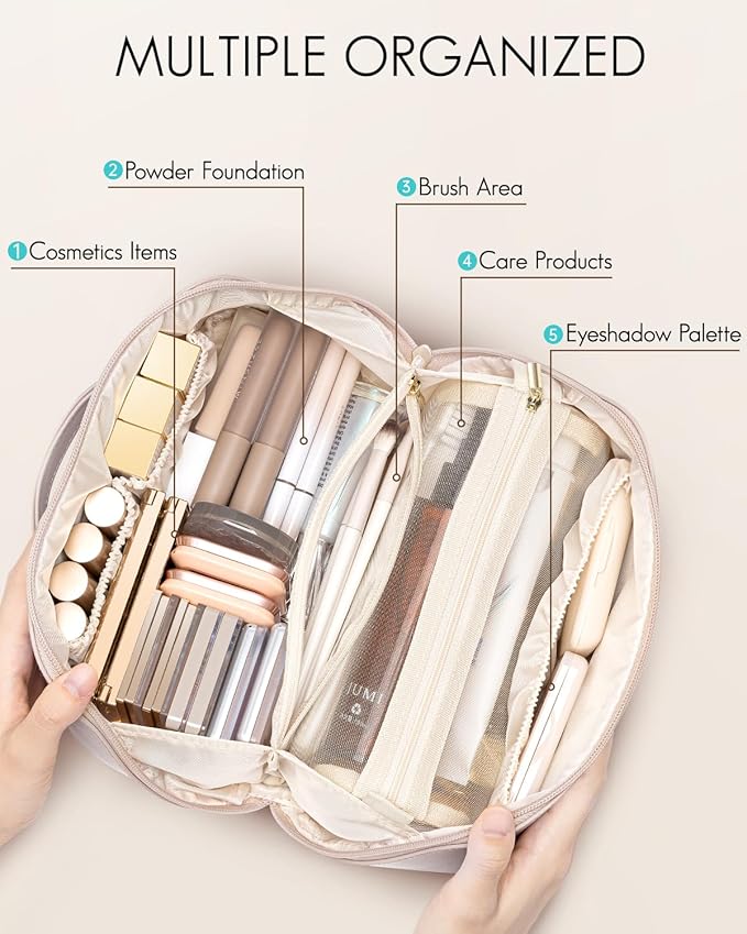 Vlando Makeup Bag,Large Capacity Toiletry Bag for Women Waterproof Portable Make up Pouch PU Leather Open Flat Cosmetic Bag(Light Pink)
