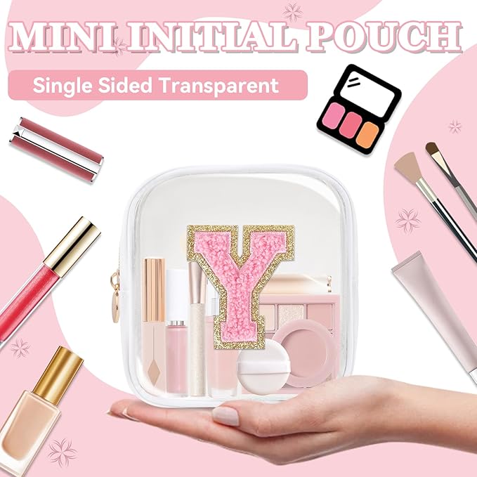 Mini Clear Personalized Initial Makeup Bag, Small Preppy A-Z Chenille Letter Patch Cosmetic Pouch, Transparent PVC & Nylon Waterproof Zip Beach Toiletry Bag,Gift for Women Girls(White-Pink Y)