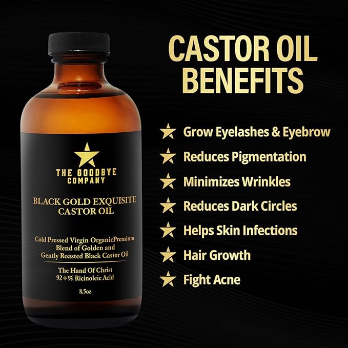 The Goodbye Company Black & Gold Castor Oil Blend – Cold-Pressed & Unrefined – Pure Hexane-Free Oil for Hair, Skin, Body, Eyelashes & Eyebrows