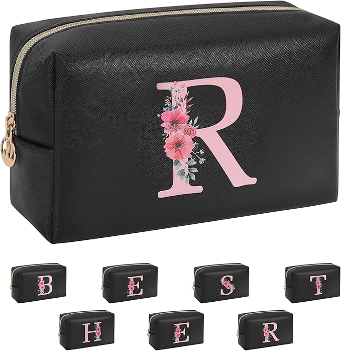 Personalized Initial Makeup Bag, Birthday Gifts for Women and Girls, Small Makeup Pouch Travel Toiletry Bag, Make Up Organizer Bag Gift Trendy Stuff for Friend Mom Teacher, Black
