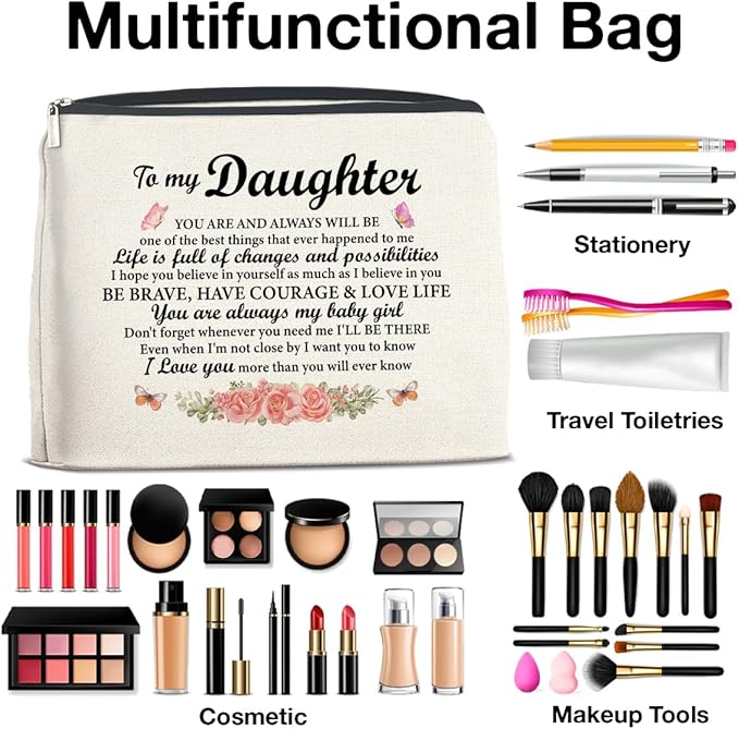Daughter Gifts Makeup Bag, Gifts for Daughter Floral Cosmetic Bag Zipper Makeup Pouch Gift for Christmas Birthday Graduation