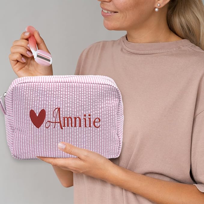 Custom Makeup Bag Personalized Cosmetic Bag Cute Seersucker Travel Toiletry Bag for Women Embroidered Bag Organizer for Bride Makeup Bag Gift Darkblue