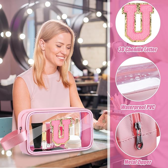 Initial Makeup Bag,Letter U Cute Clear Monogrammed Cosmetic Travel Bag for Womens Girls,Personalized Pink Aesthetic Traveling Make Up Organizer Bag for Beach,Waterproof Toiletry Bag