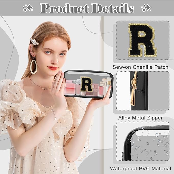 Personalized Initial Letter Clear Makeup Bag,Preppy Small Nylon&PVC Cosmetic Zipper Bag with Chenille Letter,Travel Skincare Toiletry Bag,Monogram Christmas Gift for Teen Girls Women,R