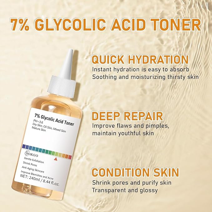 7% Glycolic Acid Exfoliating Toner, Exfoliating Facial Toner, Pore Minimizing Toner, Smooth Skin, Even Tone, Hydrating Formula