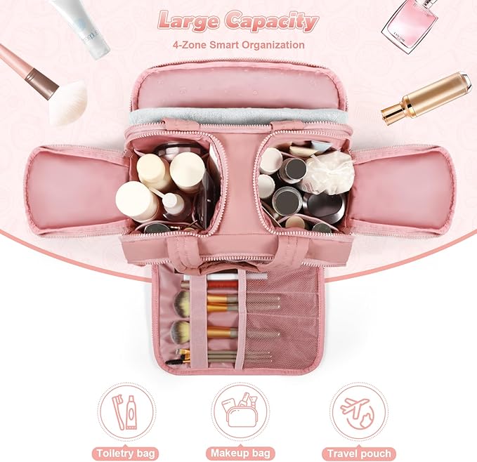 Travel Toiletry Bag:  Large Capacity, 4 Compartments, Wet/Dry Separation, Ultra-Soft Lightweight Fabric & Anti-Spill Design for Travel,Gym,Gift(11.8" L) (Raspberry Pink)