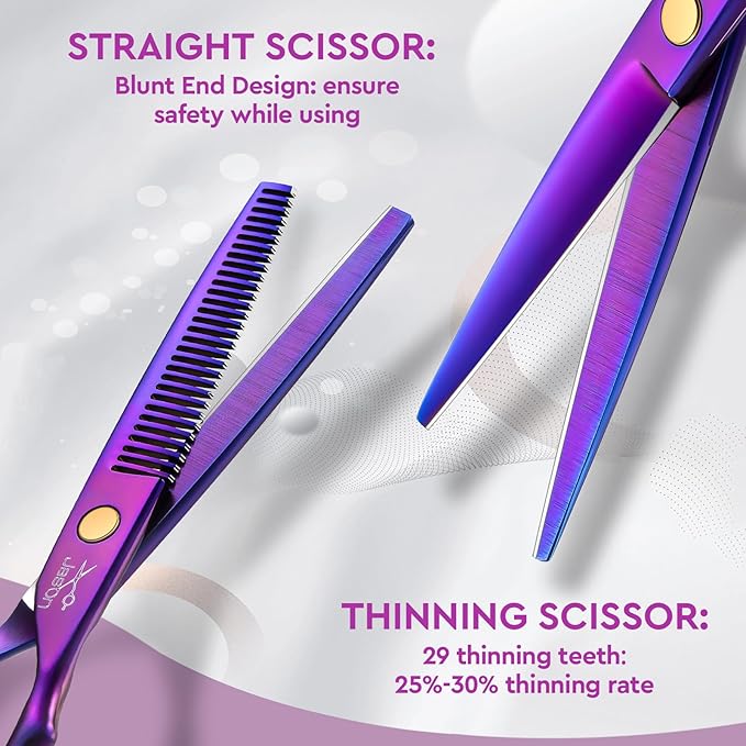JASON Hair Scissors Professional - 10 PCS Haircut Scissors Set, Thinning Shears for Hair Cutting with 30 Teeth, Straight Shears for Men Women Home Salon Barber (6.7", Purple)