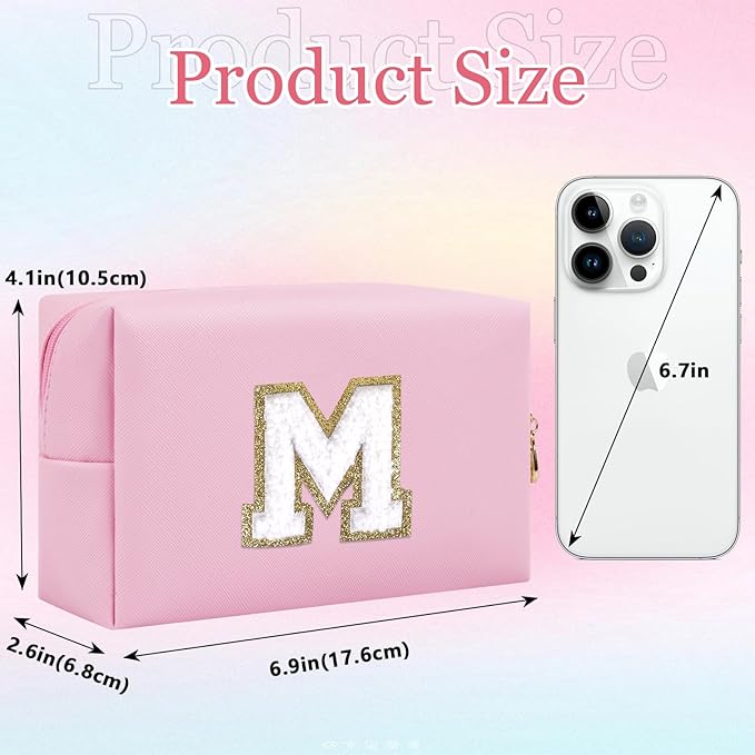 Small Personalized Letter Makeup Bag, Cute PU Leather Chenille Letters Cosmetic Bag Travel Makeup Pouch, Preppy Travel Organizer Zipper Pouch for Women&Girls（Pink-M）
