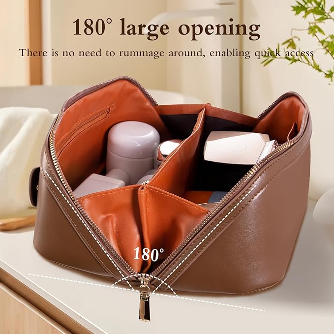 Abiudeng Travel Makeup Bag Large Capacity Toiletry Bag for Travel Essentials Open Flat Makeup bag Organizer with Divider and Handle-Brown