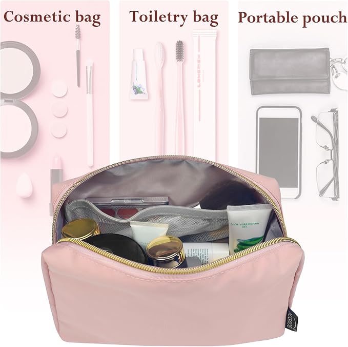 Aosbos Small Makeup Bag Travel Size Cosmetic Bags for Women Small Zipper Pouch with Inner Compartments | Idea for Purse Organizer (Pink)