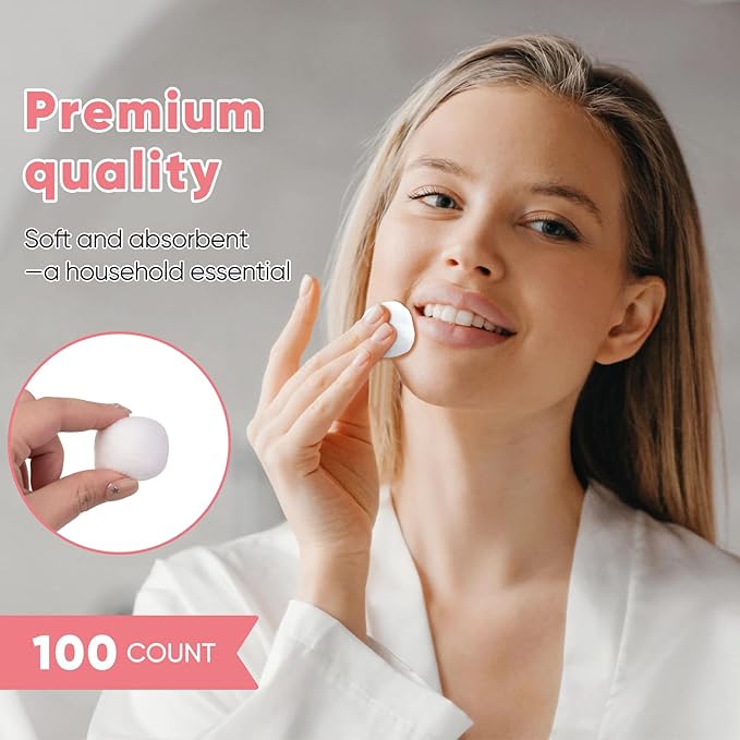 100% Pure Cotton Balls, Large Size, Soft and Absorbent for Make-Up, Nail Polish Removal, Pet Care, Applying Lotion or Powder and First-Aid for Everyday Household Use, 100 Count
