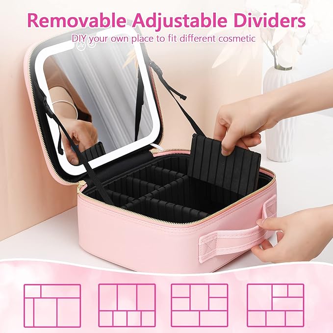 Travel Makeup Bag with LED Lighted Make up Case with Mirror 3 Color Setting Cosmetic Makeup Box Organizer Vanity Case for Women Beauty Tools Accessories Case Rechargeable