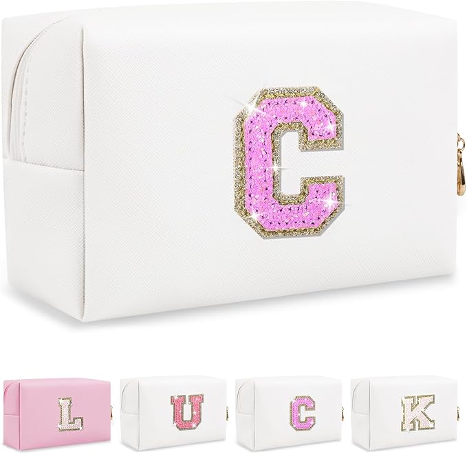 Personalized Initial Letter Makeup Bag, Preppy Glitter Letter Patch Cosmetic Pouch Zipper,PU Waterproof Travel Toiletry Bag Cute Makeup Organizer Monogrammed Make Up Bag,Gift for Women Girls