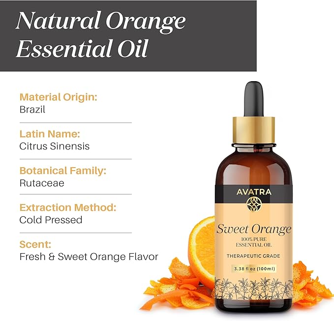 Avatra Brazilian Sweet Orange Essential Oil 100ml (3.38oz) - 100% Pure & Natural Orange Oil with Glass Dropper & Travel Bottle - Premium Essential Oil for Diffuser, Aromatherapy, Massage & DIY Candles