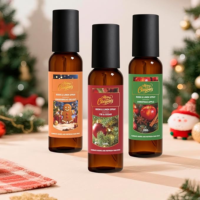 Linen and Room Spray, Fir & Cedar, Gingerbread, Christmas Apple, Long-Lasting Air Freshener for Home, Bedding, Concentrated Room Fragrance Spray, Odor Eliminator, 3 x 4.06 fl oz