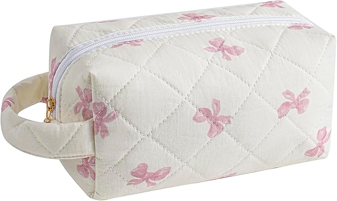 Makeup Bag Travel Cosmetic Bag for Women, Zipper Make Up Pouch, Floral Flowers Toiletry Organizer Makeup with Handle, Cosmetic Travel Cloth Bag (Pink Bow Tie)