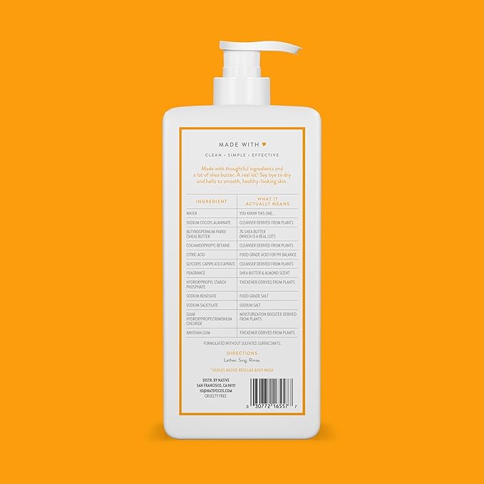 Native Moisturizing Body Wash Contains Naturally Derived Ingredients | For Women & Men, Sulfate, Paraben, & Dye Free Leaving Skin Soft and Hydrated | Shea Butter & Almond 18 oz