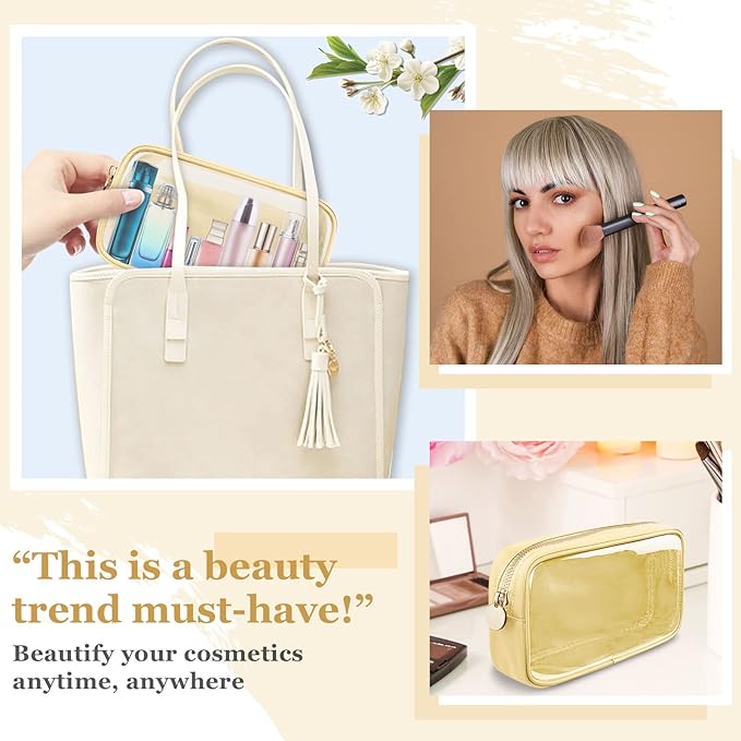 Nylon Small Clear Makeup Bag for Purse, Cute Makeup Bag Preppy Cosmetic Zipper Pouch Purse, Waterproof Travel Toiletry Bag Coin Pouch Clutch Makeup Brush Bag Organizer Storage for Women Ladies(Beige)