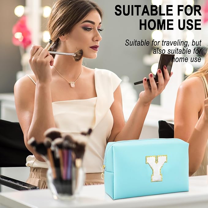 Gifts for Girls Initial Makeup Bag Personalized Cosmetic Bag with Zipper Cute Travel Toiletry Bag Waterproof PU Preppy Makeup Pouch Birthday Gift for Teen Girls Women(Blue Y)