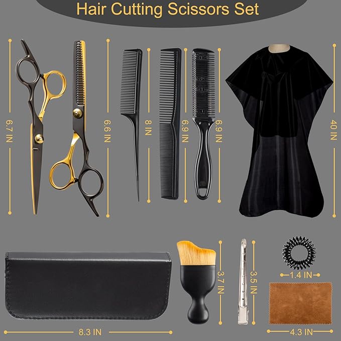 15 pcs Hair Cutting Scissors Professional, Thinning Shears for Hair Cutting, Black Gold Stainless Steel Barber Scissors, Lengnoyp Haircut Scissors Hair Cutting Kit for Women, Men