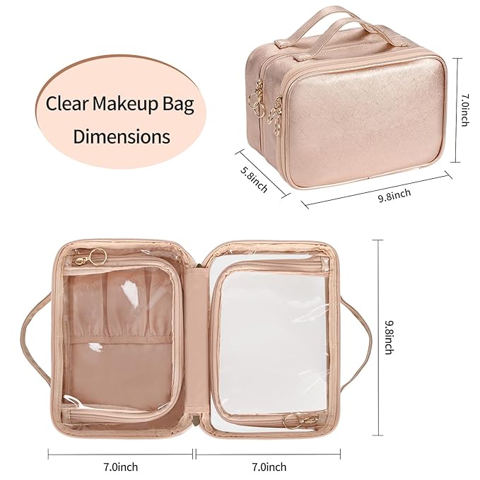 OCHEAL Clear Makeup Bag, Double Layer Cosmetic Bag, Large Capacity Minimalist Cosmetic Case for Women Travel Beauty Essentials, Multiple Compartments Makeup Case Organizer Zipper Pouch -Rose Glod