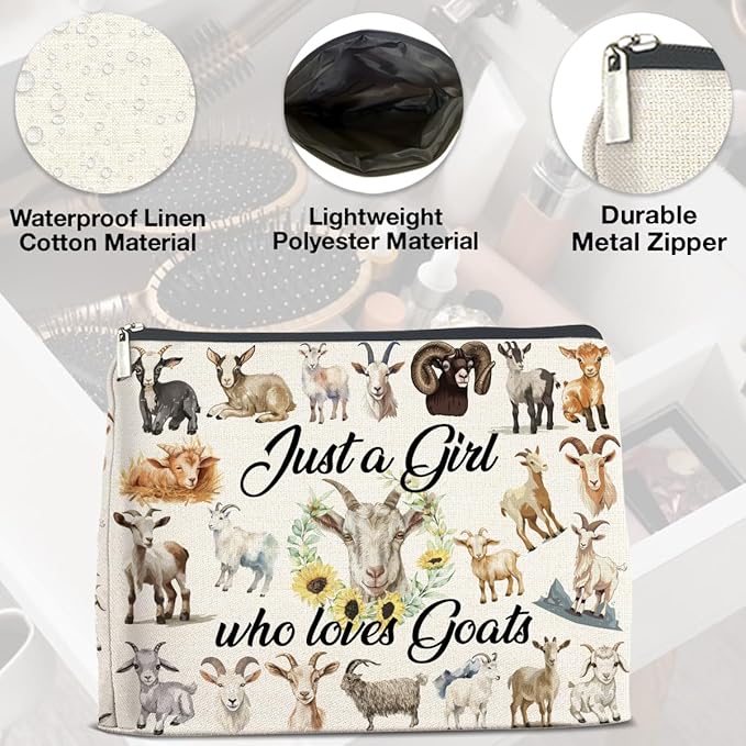 Makeup Bag Funny Goat Lovers Gifts for Women, Just a Girl Who Loves Goats Cosmetic Bag Zipper Makeup Pouch